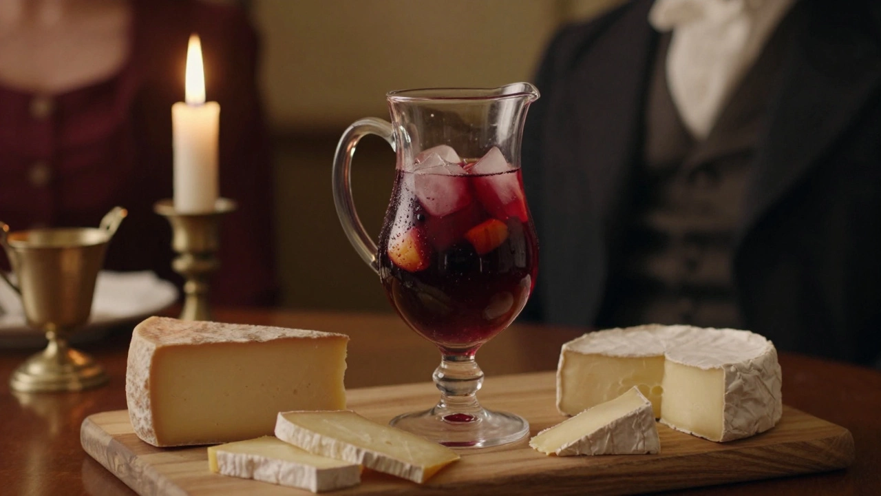 Pitcher of Port Wine Cobbler served with cheese in a cozy Victorian setting.