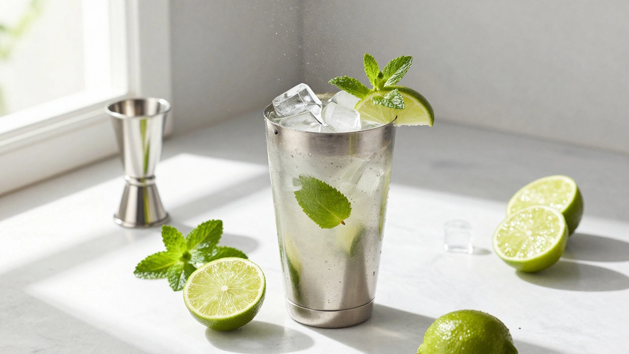 Stainless steel cocktail shaker being shaken vigorously with fresh limes on a marble counter.