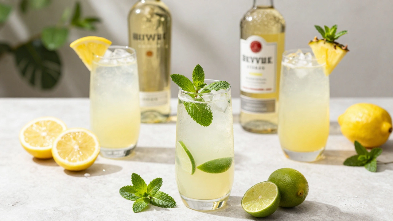Three Rum Fizz variations with fresh garnishes on a sunlit table.