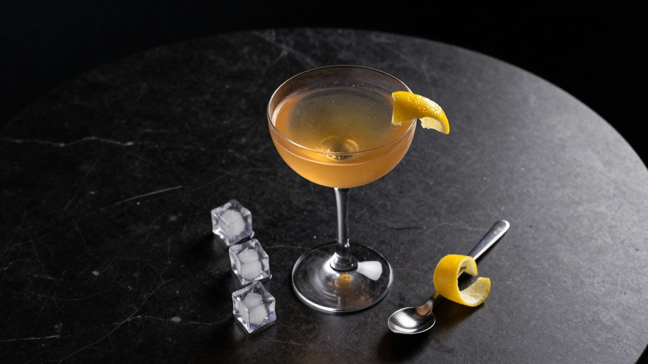 Top-down view of a Presbyterian cocktail on a dark marble table with garnish.