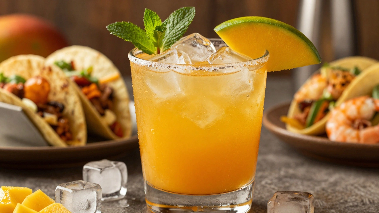 Vibrant mango margarita with ice and mint garnish