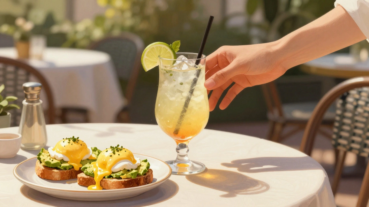 Virgin Paloma mocktail served alongside avocado toast at an outdoor brunch