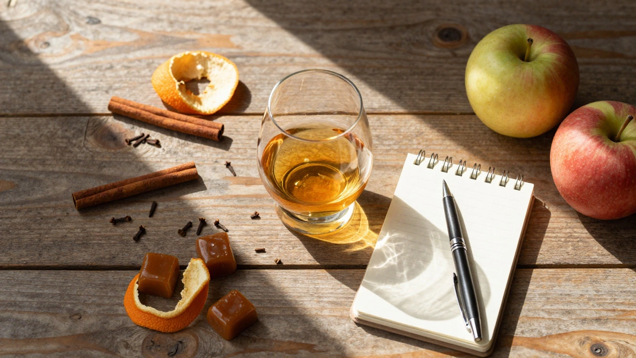 Whiskey glass surrounded by flavor reference items like spices and fruit.