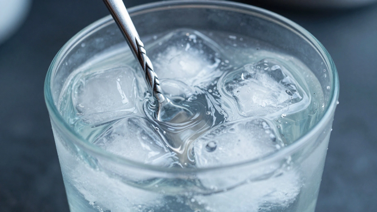 Bar spoon stirring gin and ice in a mixing glass