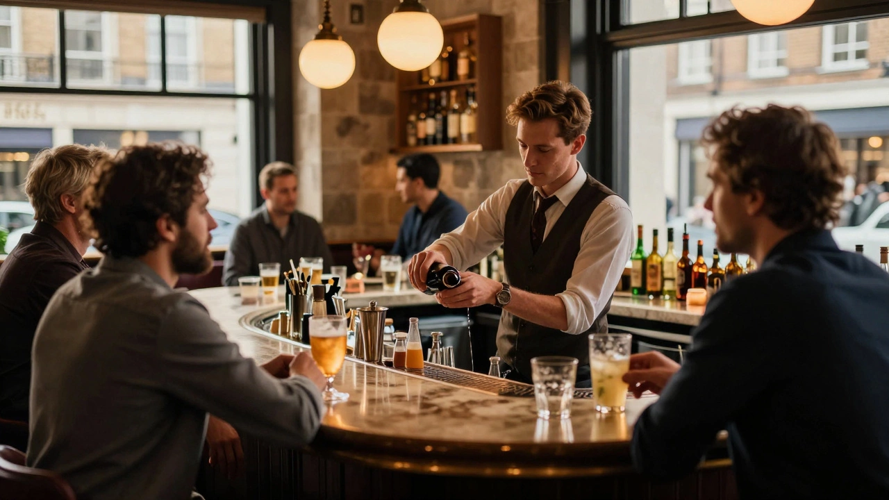 Bartender monitoring guests in a busy, well-lit London pub