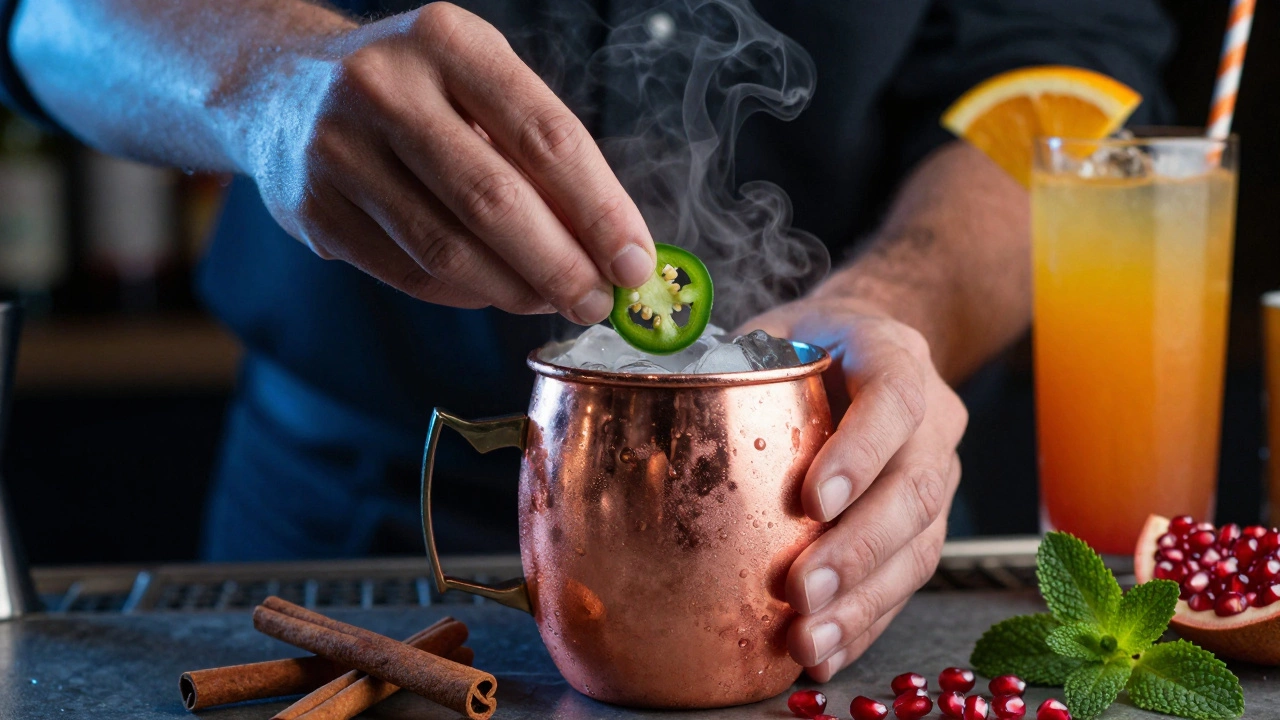 Bartender muddling jalapeño in a copper shaker with spices nearby.