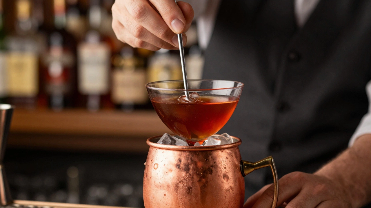Bartender stirring a manhattan in a copper mixing glass with ice