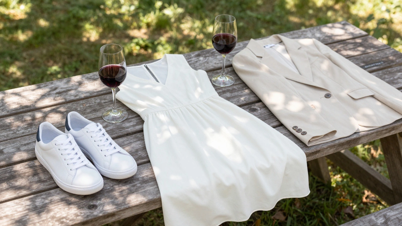 Chic outfit with sneakers and wine glasses on table