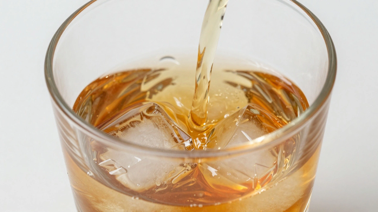 Close-up of a glass filled exactly halfway with amber liquor