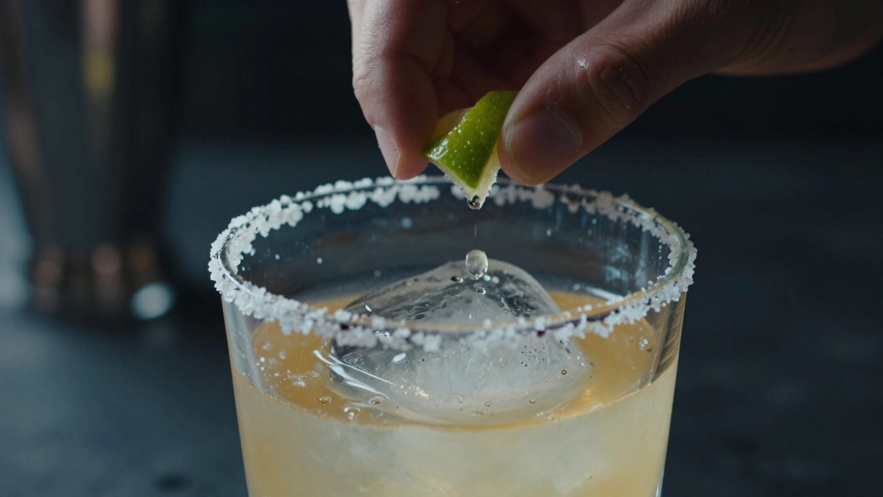 Close-up of lime peel being expressed over a margarita glass