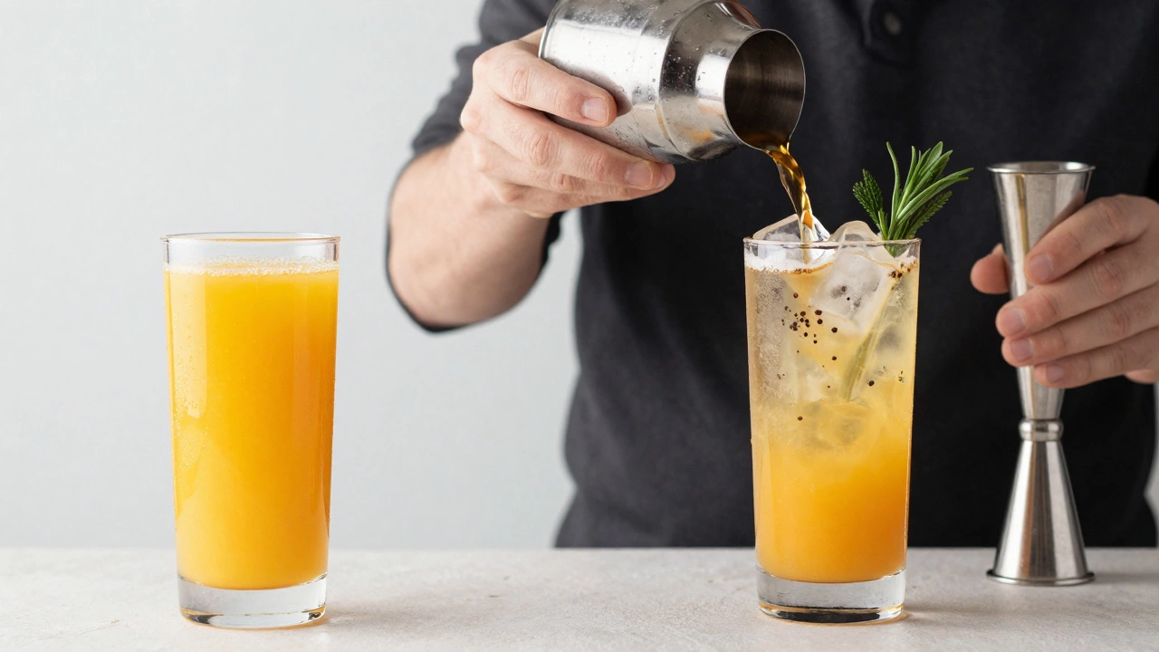 Comparison showing a simple juice versus a complex, crafted non-alcoholic cocktail.