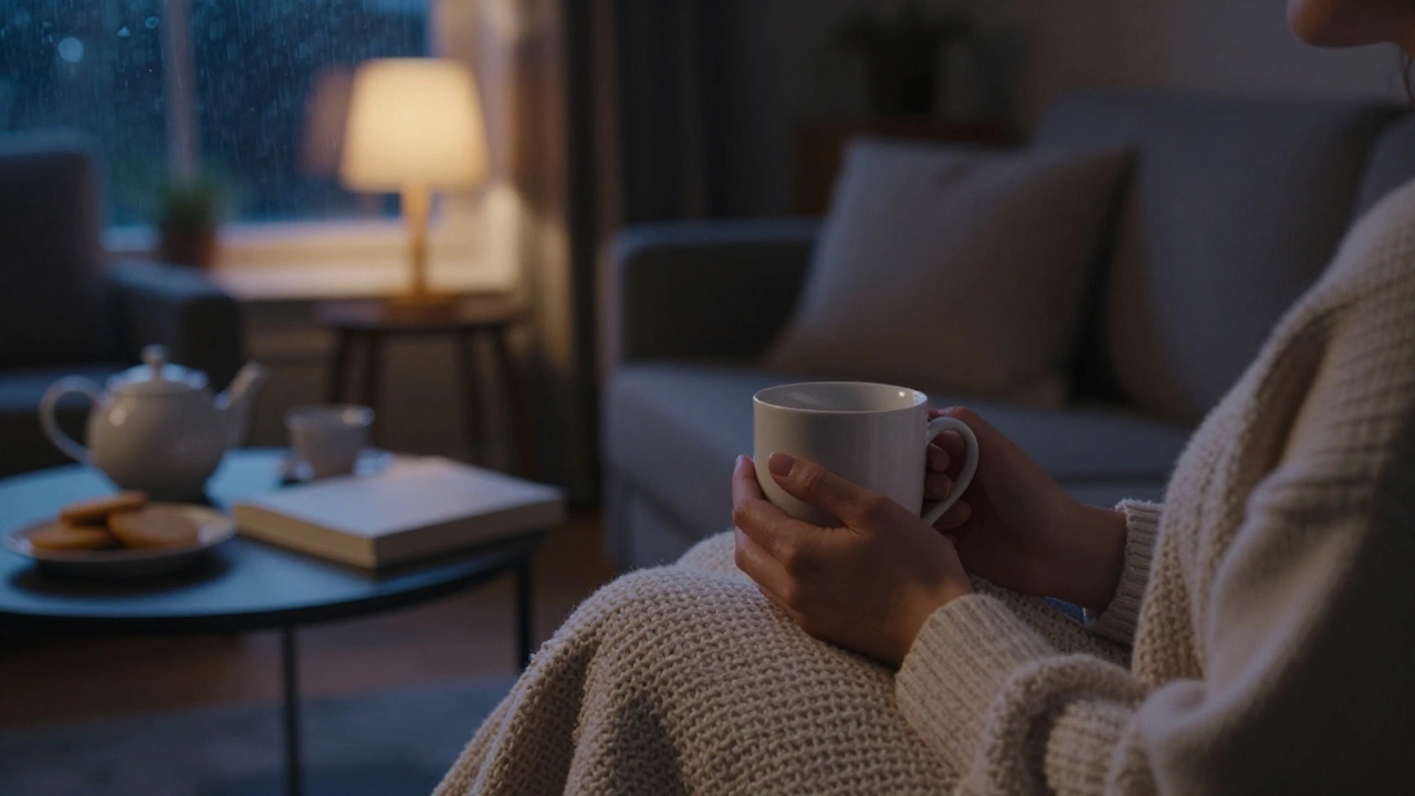Cozy evening scene with tea mug and blanket by a rainy window