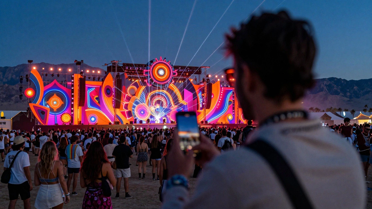 Dense crowd and neon-lit art stage at Coachella in the desert