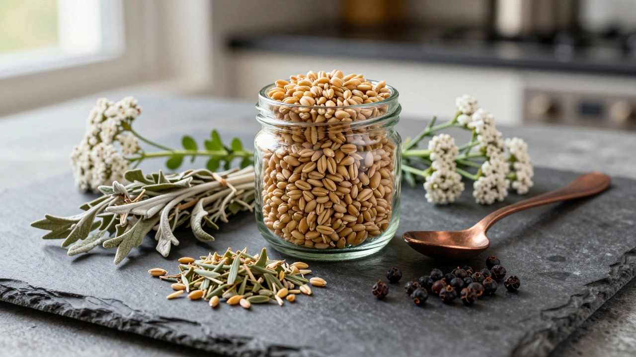 Dried mugwort, yarrow, and barley on a slate surface