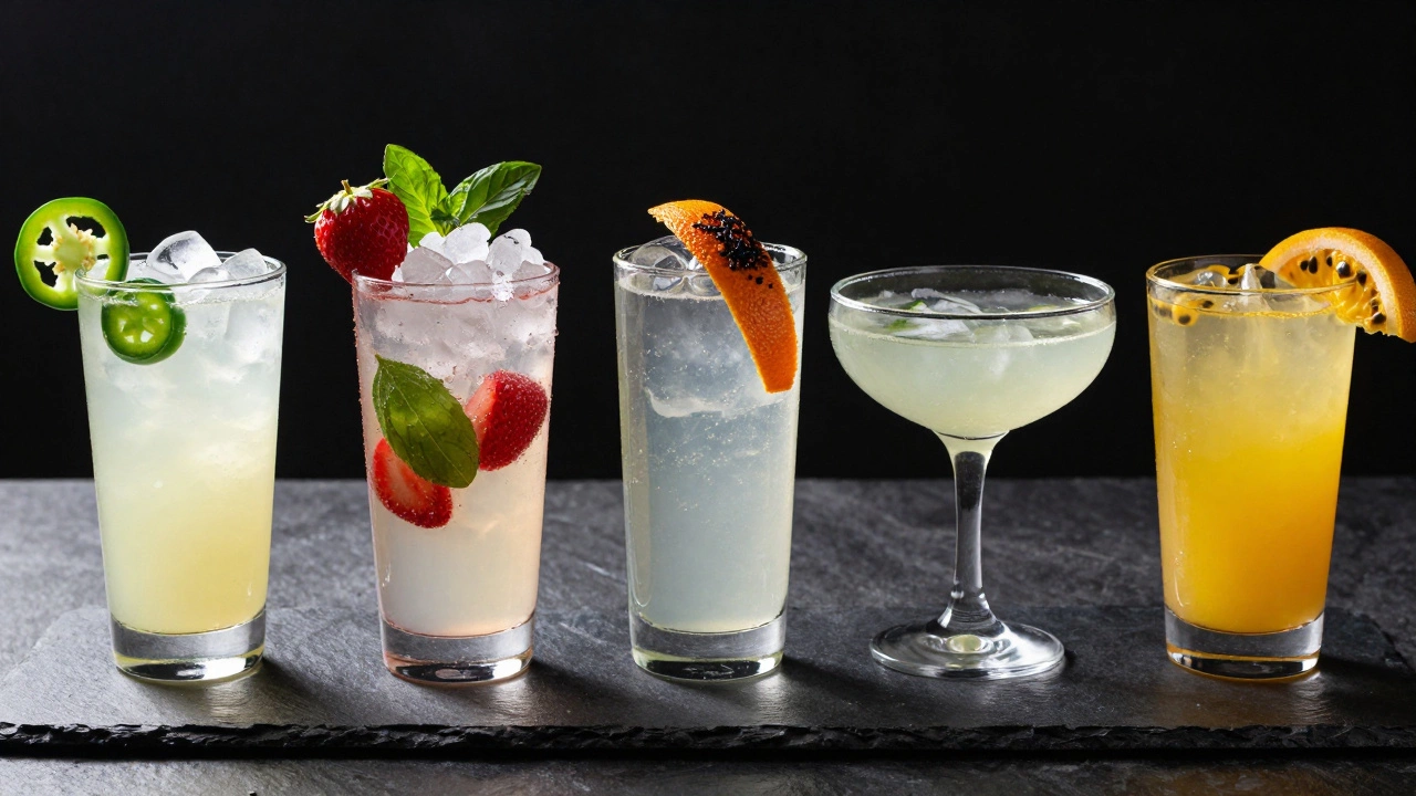 Five colorful Cadillac margarita variations with unique garnishes