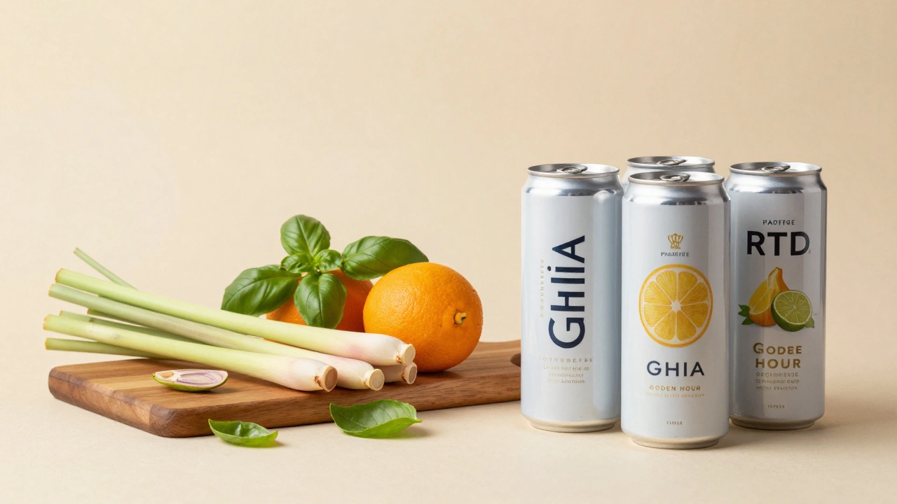 Fresh herbs and citrus next to sleek canned mocktail beverages