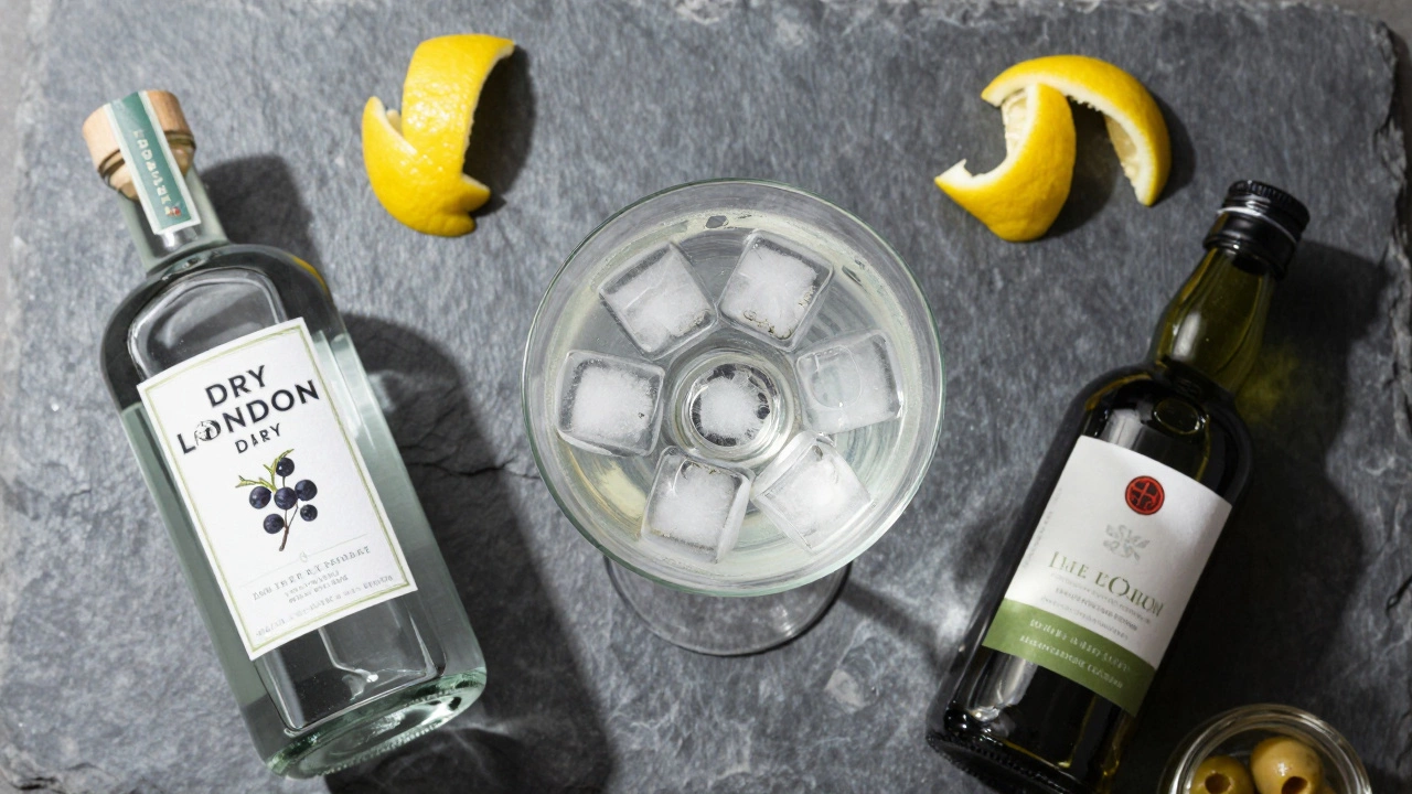 Gin, vermouth, and ice arranged for making a martini