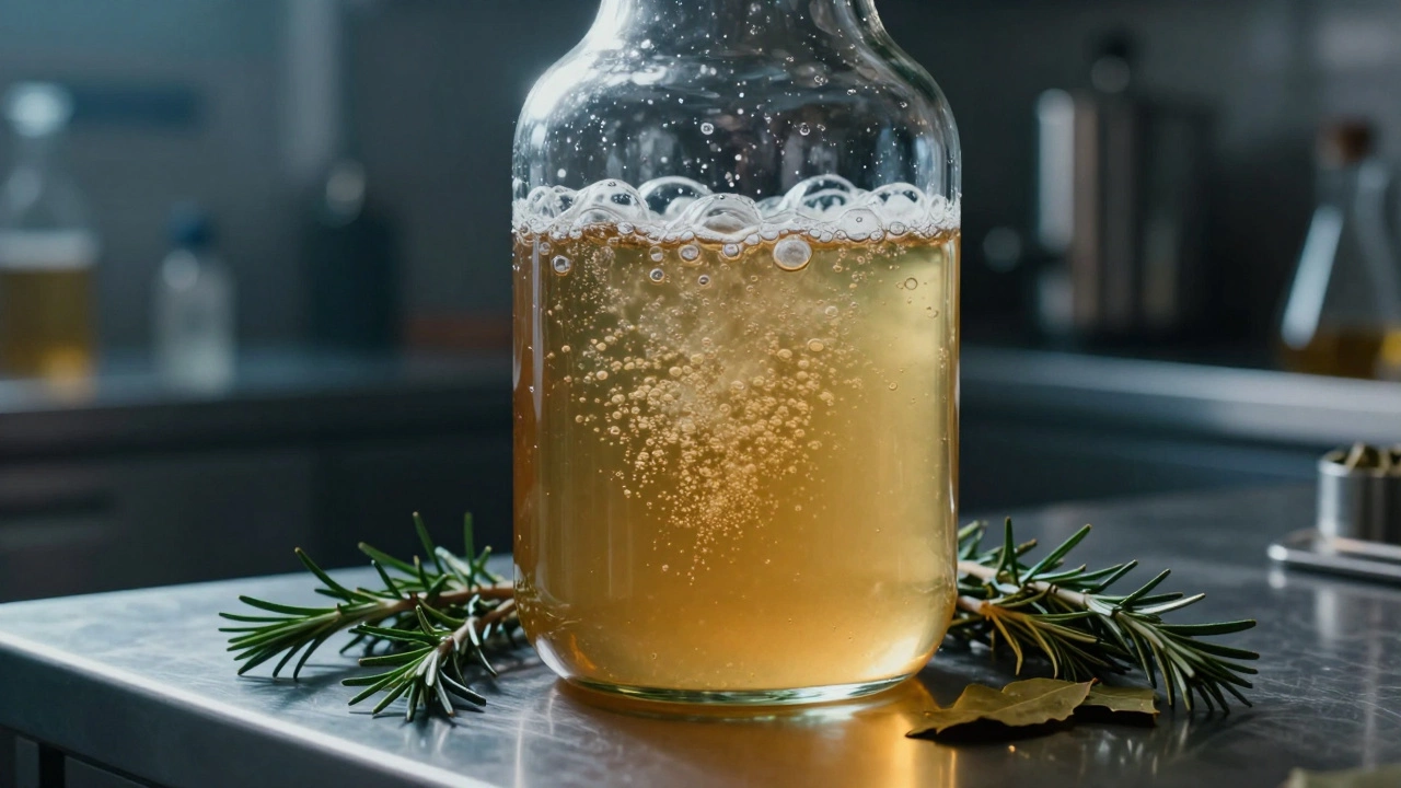 Golden gruit ale fermenting in a glass carboy with herbs