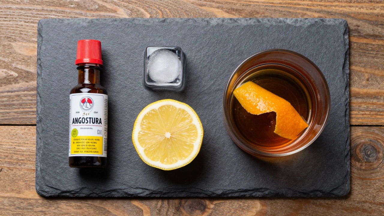 Minimalist arrangement of old fashioned ingredients and a rocks glass