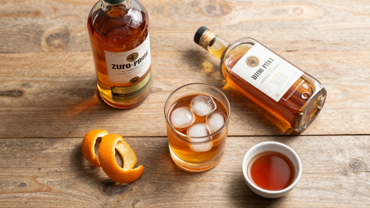 Overhead view of ingredients for a homemade zero-proof Old Fashioned on a wooden table.