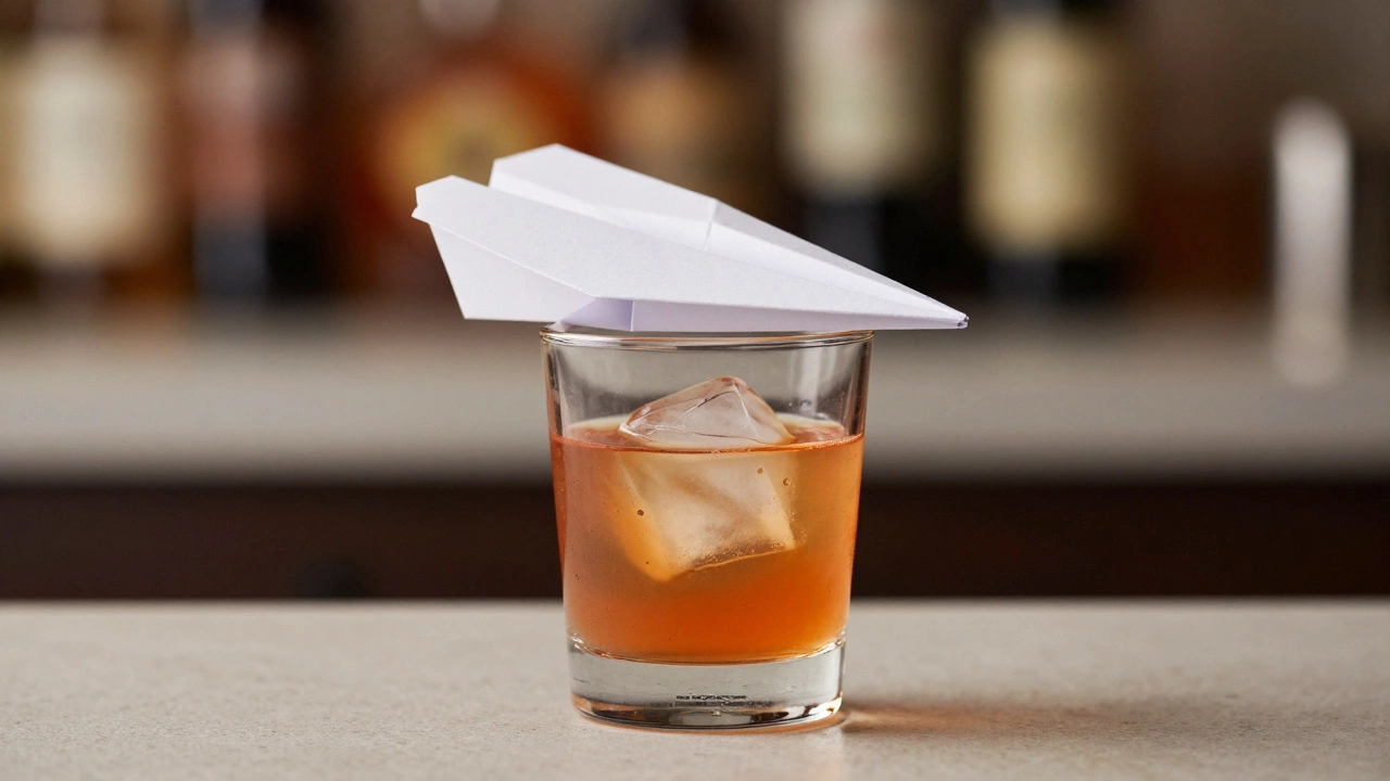 Paper airplane resting on rocks glass with orange cocktail and large ice cube