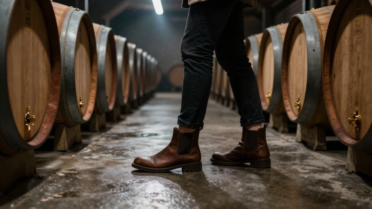 Person in ankle boots touring a dim wine cellar