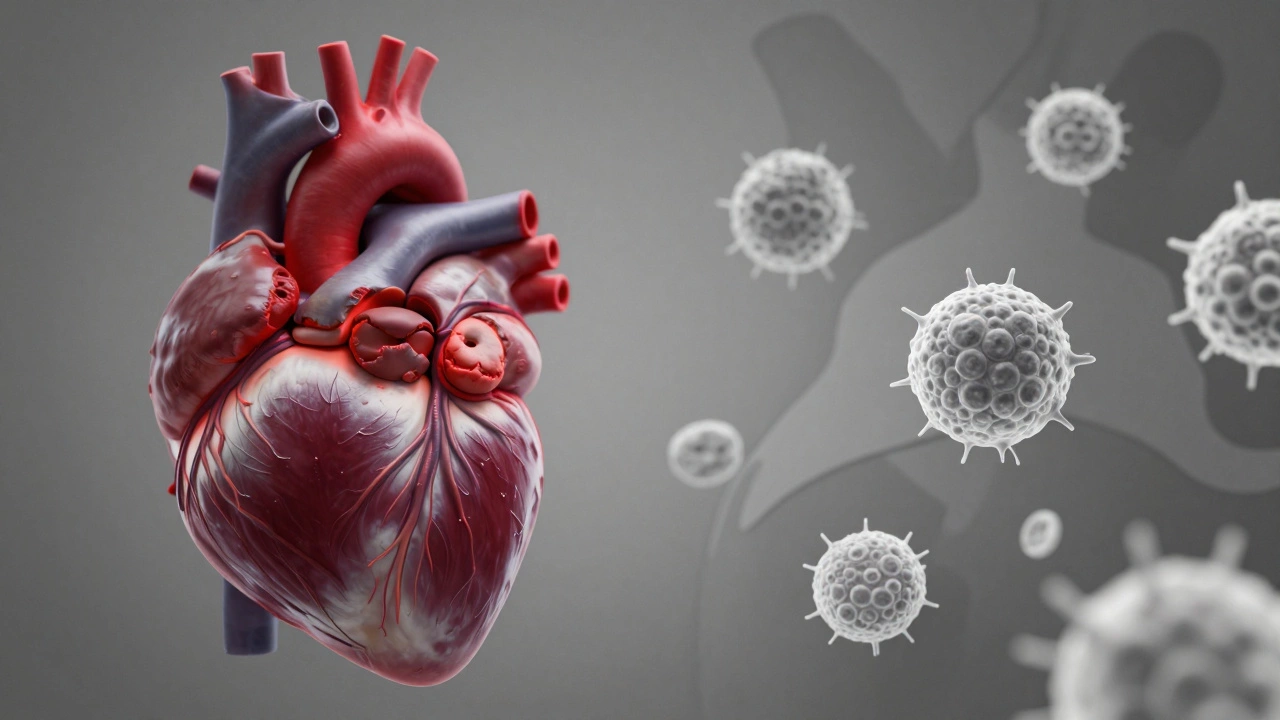 Split view of an inflamed heart with arterial plaque and weakened immune cells fighting pathogens