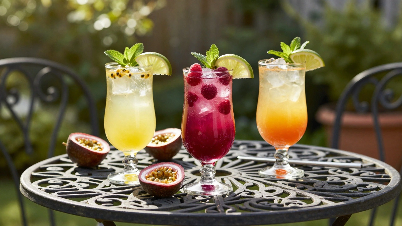 Three colorful passion fruit mocktail variations on a garden table