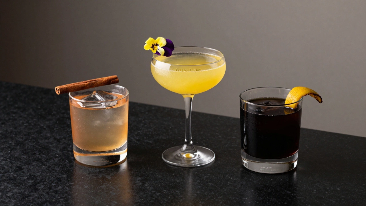 Three colorful Poet's Dream cocktails garnished elegantly on marble.