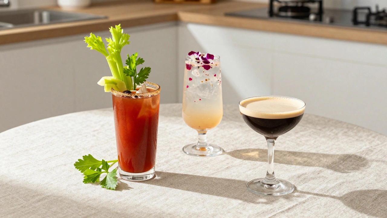 Three distinct mocktails: Bloody Mary, floral soda, and espresso martini