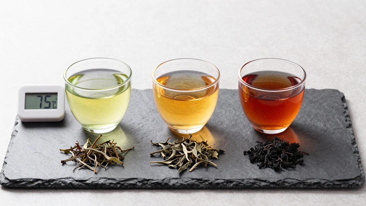 Three glasses of green, white, and black tea with dry leaves