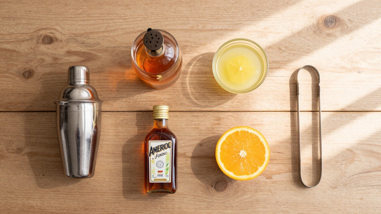 Top-down view of bourbon, lemon, Amaro Nonino, and Aperol ingredients for mixing