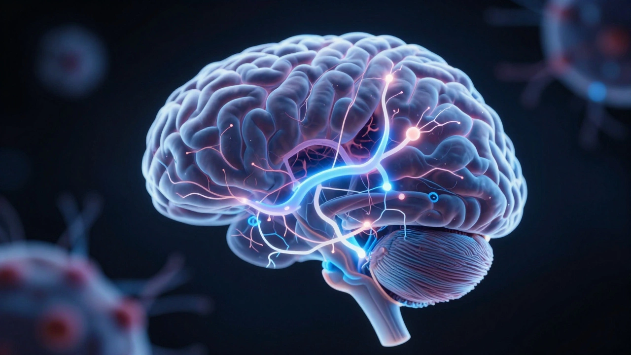 Translucent brain with glowing neural pathways illustrating neurotransmitter disruption by alcohol