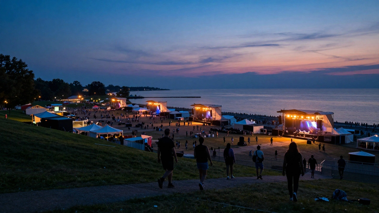Vast festival grounds along Lake Michigan at dusk during Summerfest