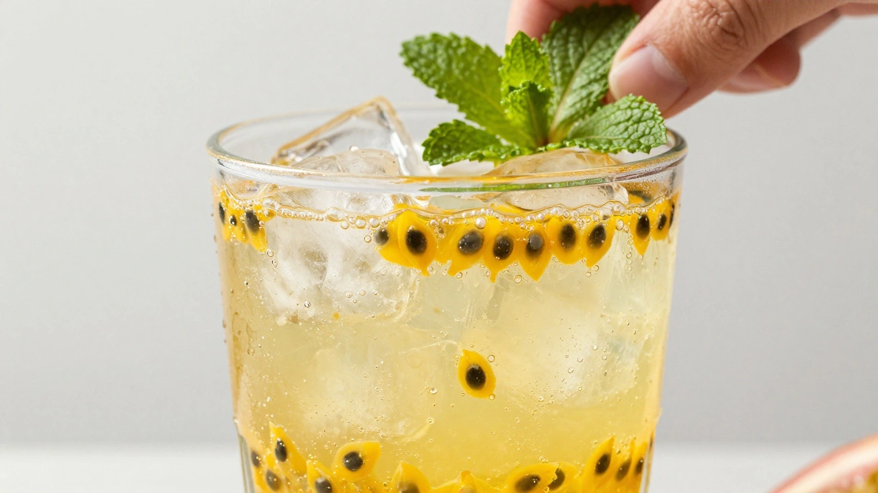 Vibrant passion fruit cooler with ice and mint in a glass