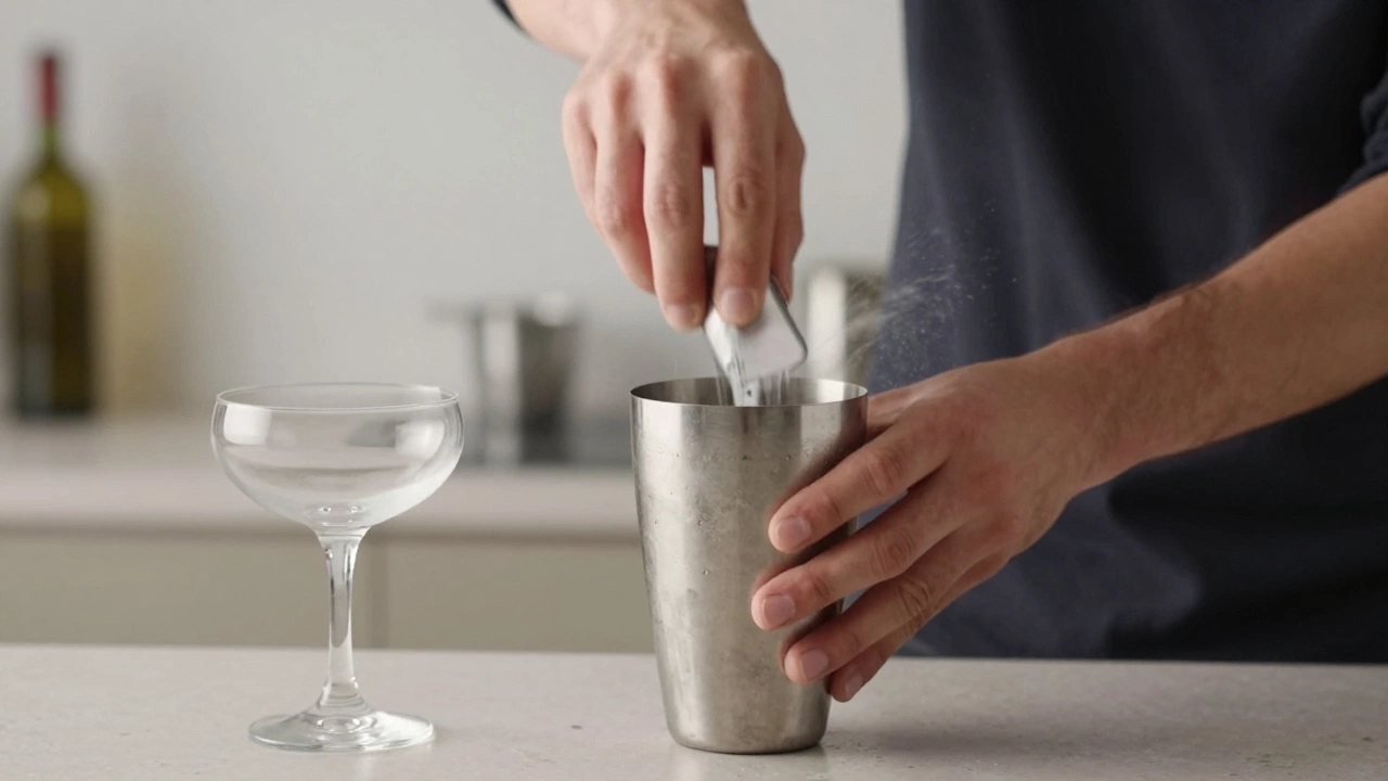 Bartender dry shaking a cocktail shaker to create foam