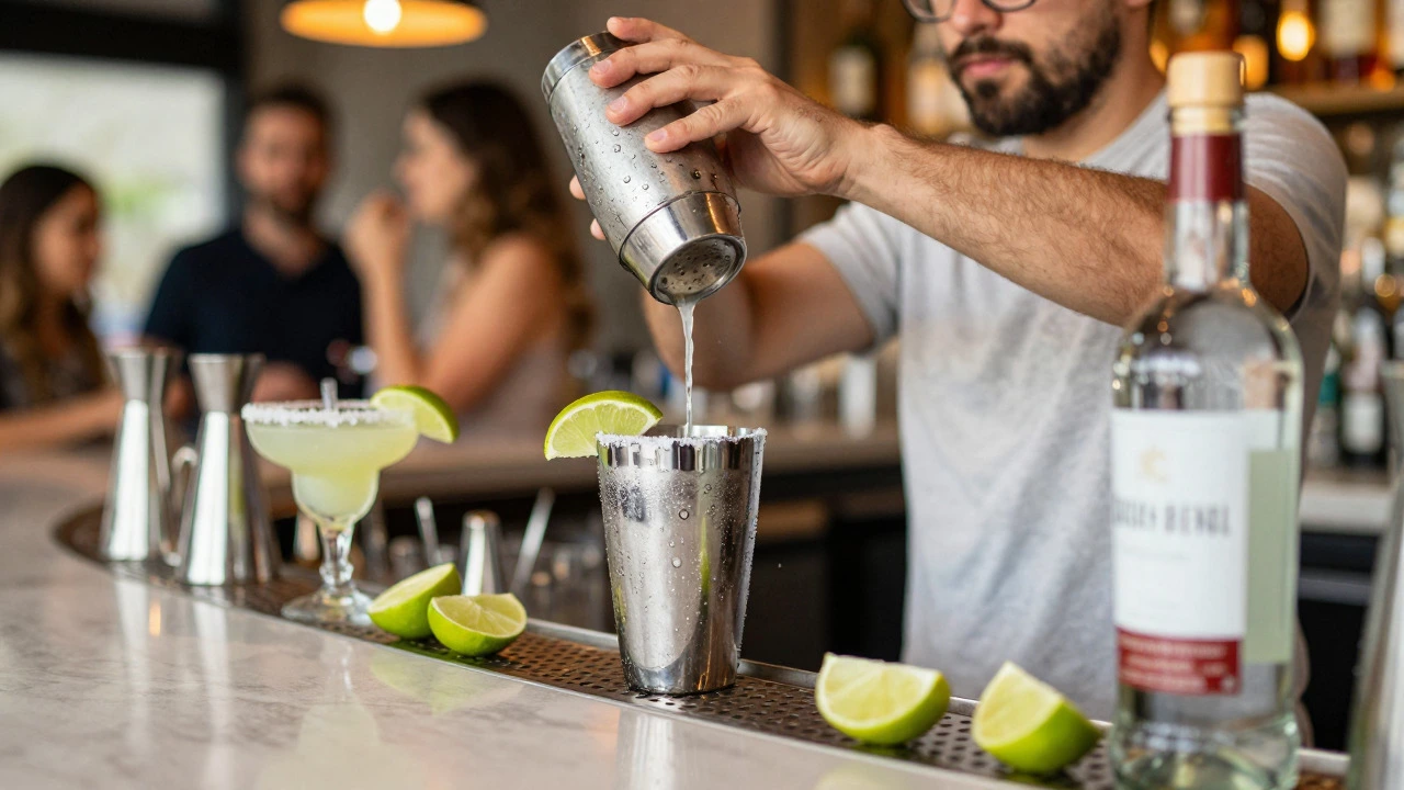 Bartender shaking a margarita shaker in a busy bar