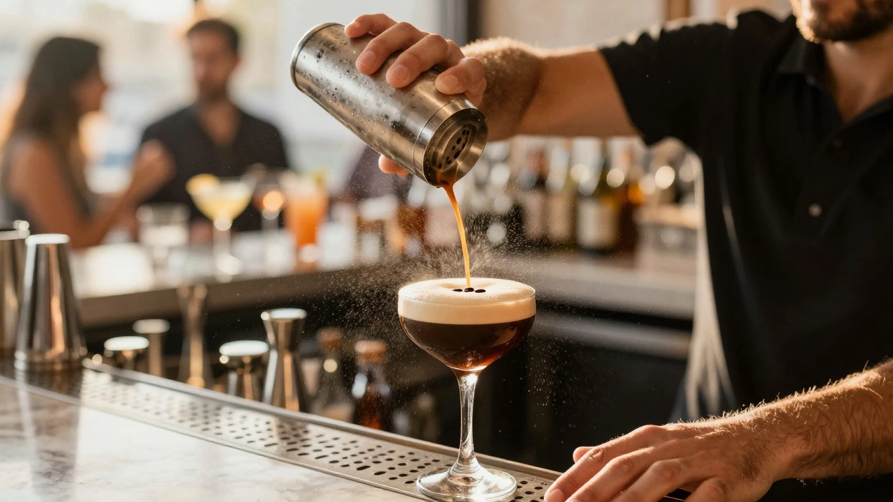 Bartender shaking an Espresso Martini with a finished drink in the foreground.