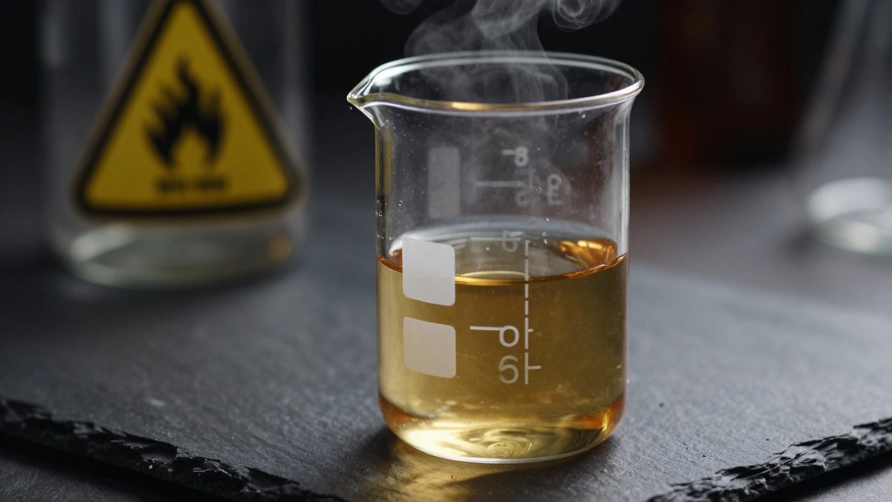 Close-up of fermenting liquid in a beaker with rising vapor, symbolizing distillation risks