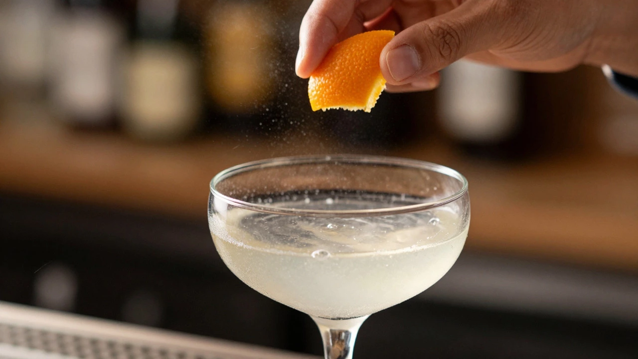 Close-up of orange peel being expressed over a Tuxedo cocktail