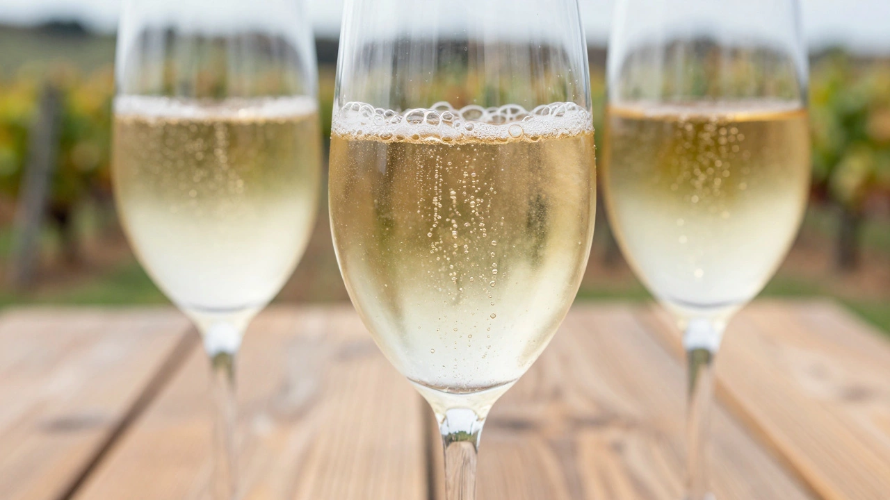 Close-up of three flutes of sparkling wine with fine bubbles on a wooden table