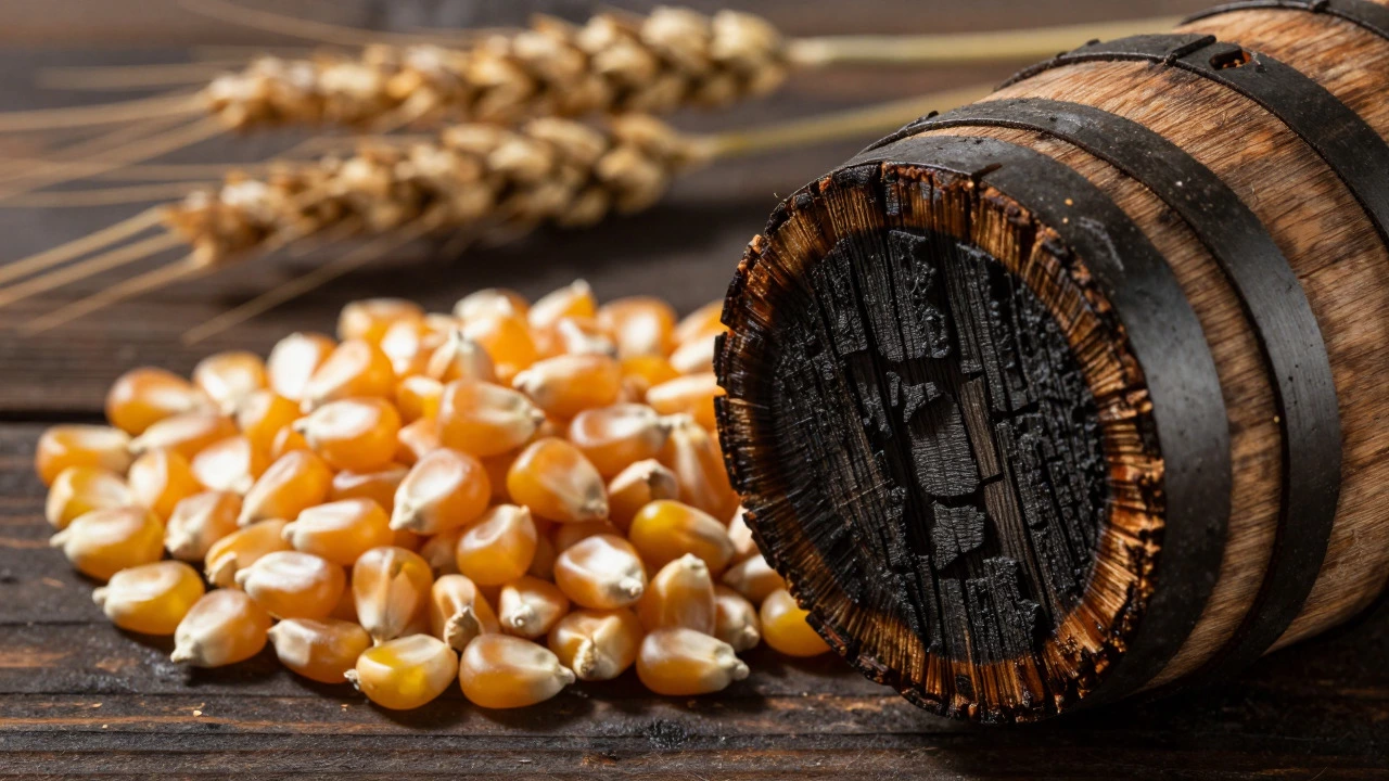 Corn kernels and a charred oak barrel stave highlighting bourbon production ingredients