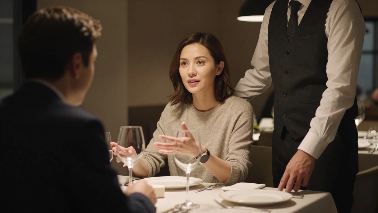 Diner politely discussing a wine issue with a sommelier at a dinner table.