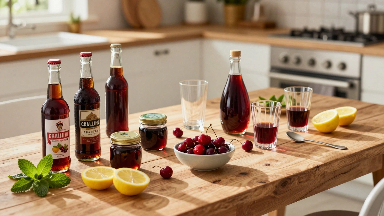DIY mocktail station with cola bottles, syrups, cherries, and garnishes on a wooden table.