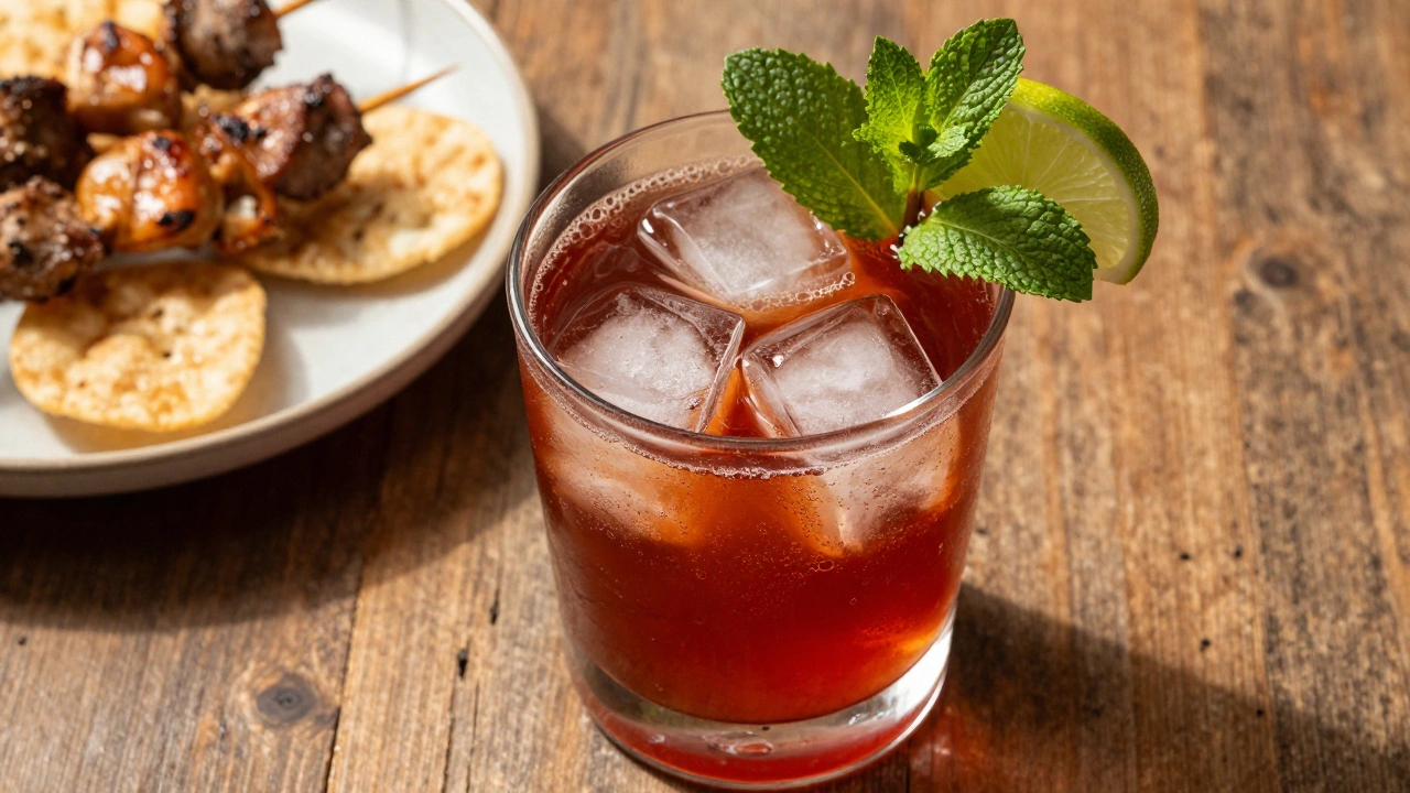 Finished Jungle Bird cocktail with mint garnish and satay skewers