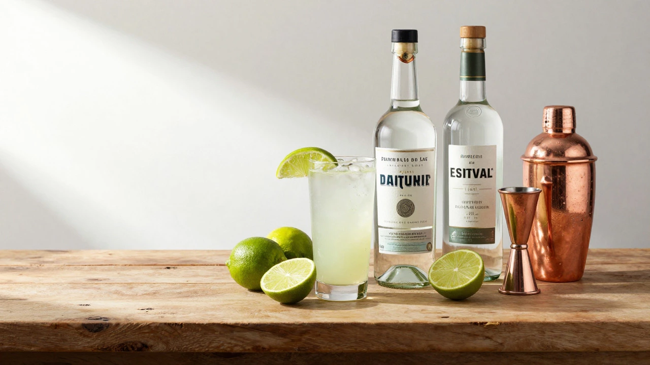 Fresh limes, rum, and tequila bottles arranged on a wooden bar for cocktails.