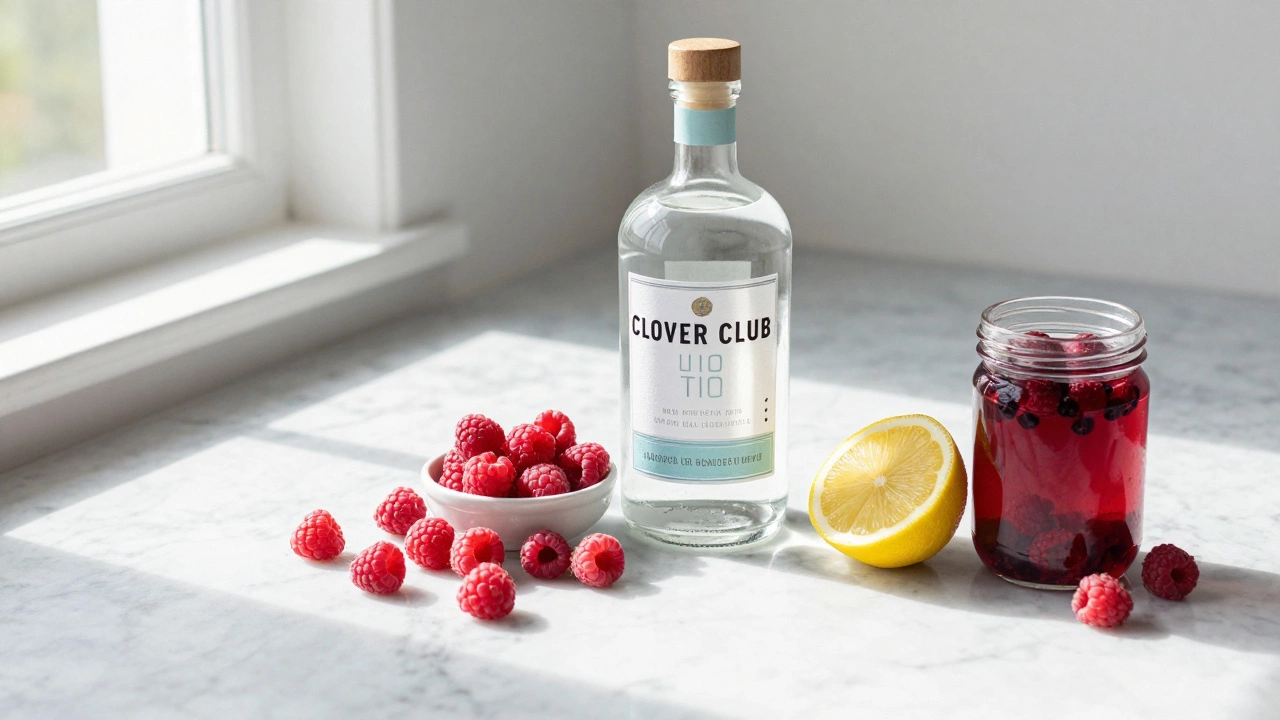 Fresh raspberries, gin, lemon, and syrup arranged on a marble counter