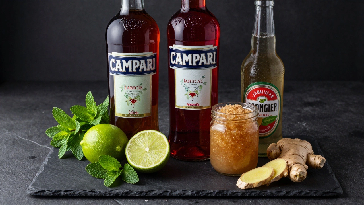 Jungle Bird cocktail ingredients including rum, Campari, and lime