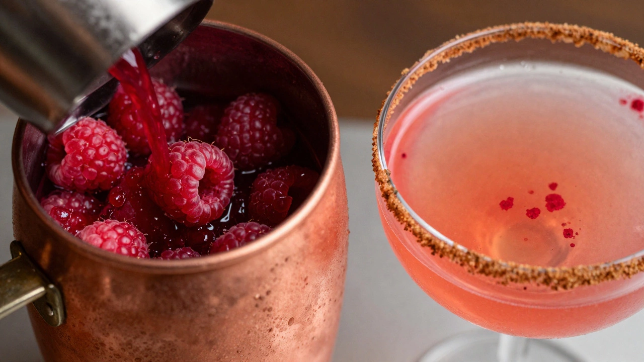 Raspberry Ripple cocktail with muddled berries and cinnamon-sugar rim