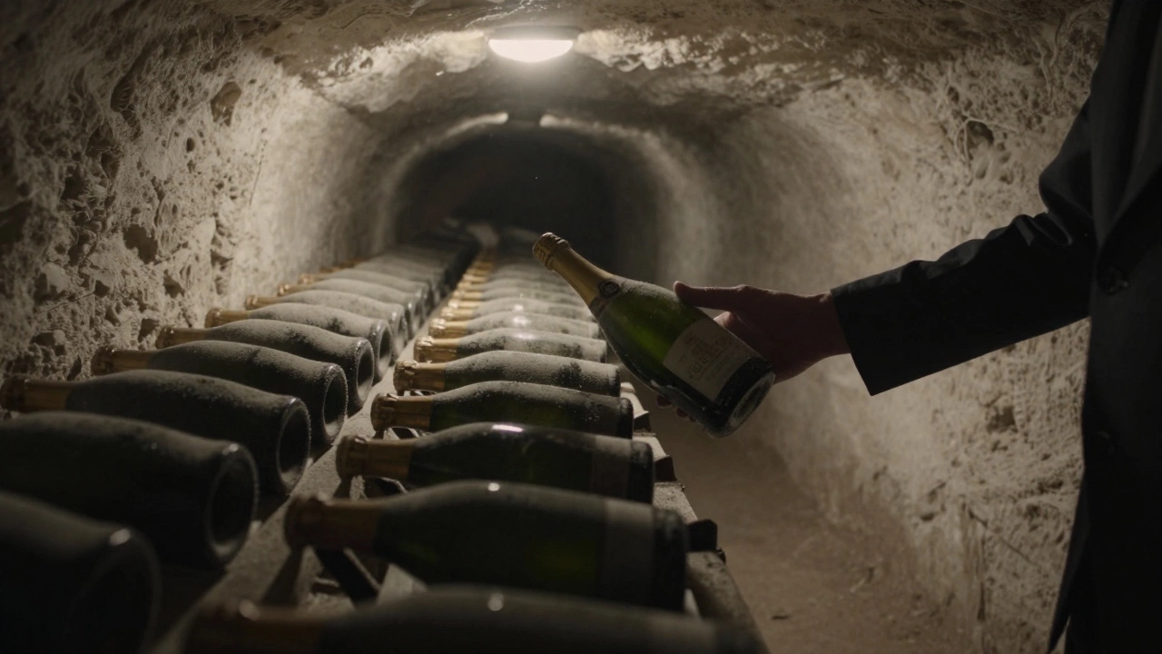 Rows of aging Champagne bottles in a dimly lit underground chalk cellar